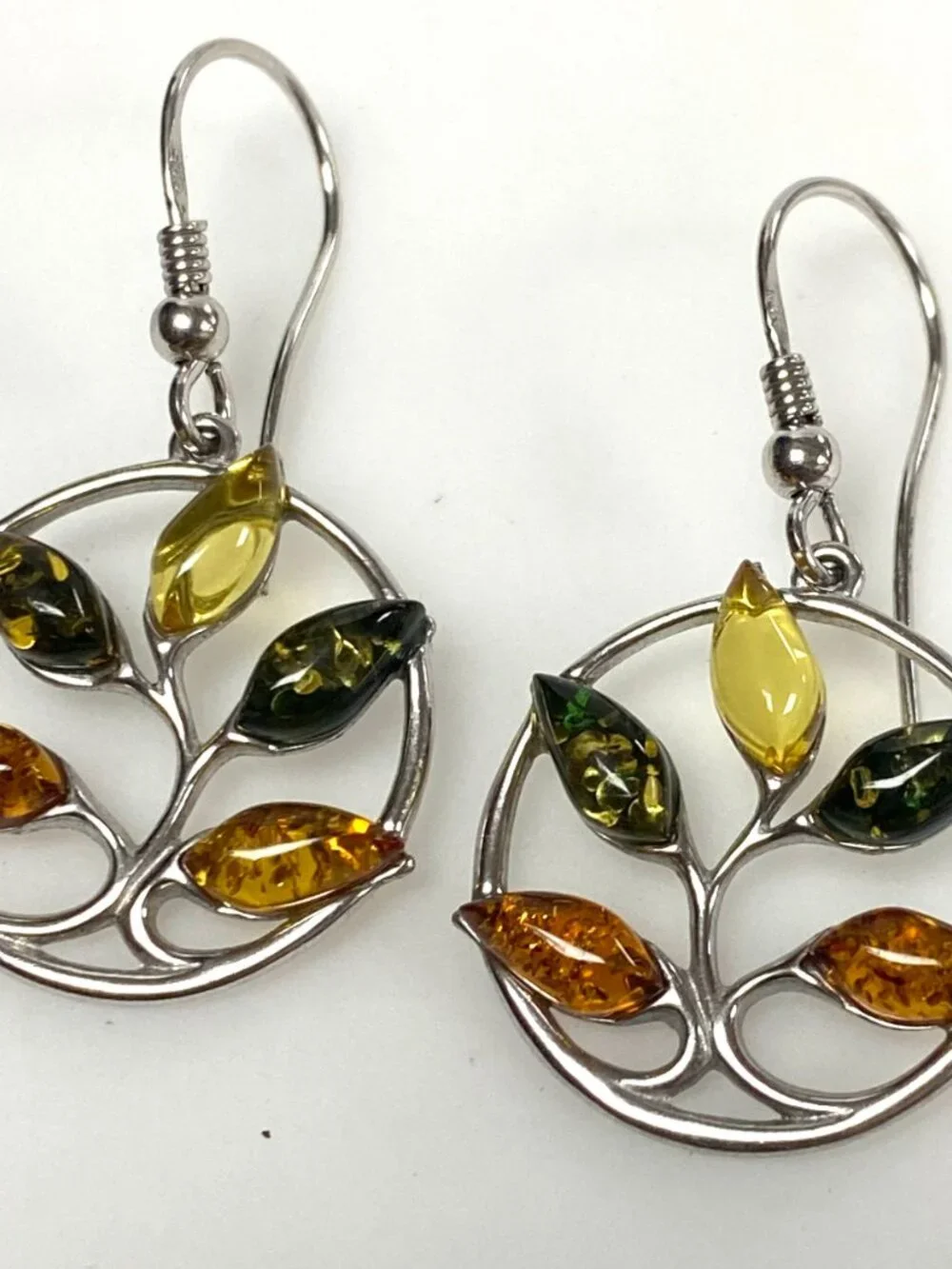 m946 Vintage Sterling 925 Multicolor Baltic Amber Tree of Life Dangle Earrings